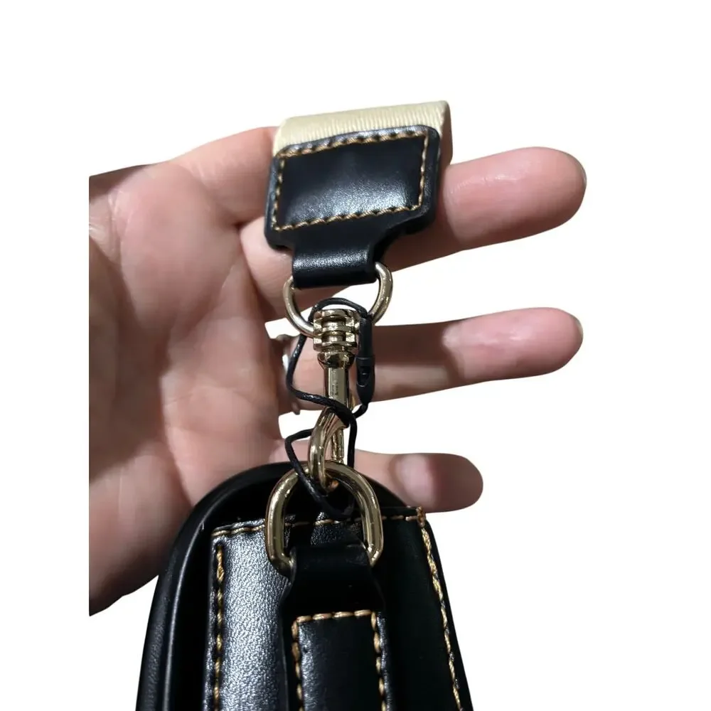 Zara black faux leather tan canvas strap cross body bag modern square style nwt